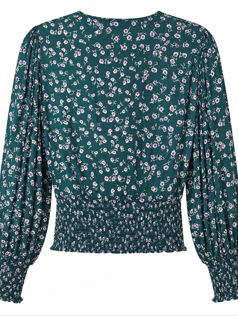 GAP Green Floral Smocked Wrap Blouse Small Cottagecore Boho Puff Sleeve Top - Picture 3 of 16